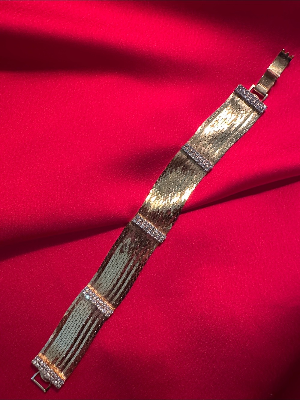 Gold Wide Mesh Bracelet with Rhinestone Accents